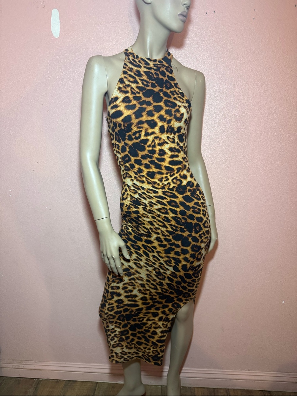 Fashion Nova Leopard Print High Neck Asymmetrical Midi Dress